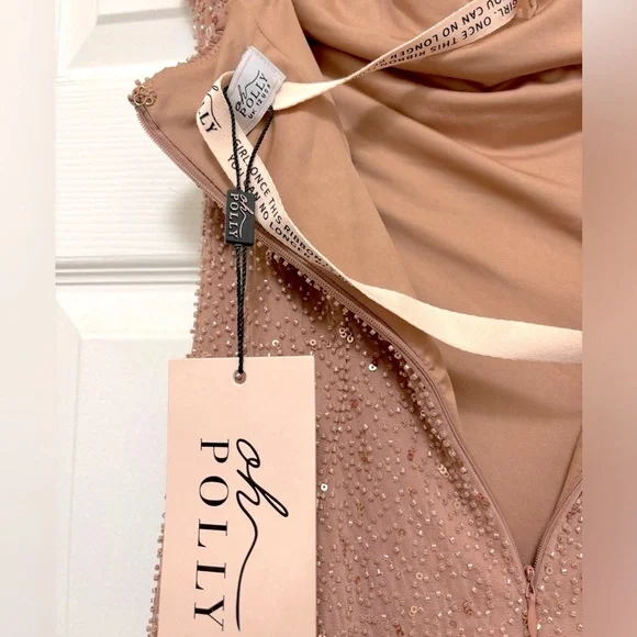 NWT OH POLLY Palermo Embellished Bandeau Cowl Neck Maxi Dress in Beige NWT OH POLLY Palermo Embellished Bandeau Cowl Neck Maxi Dress in Beige